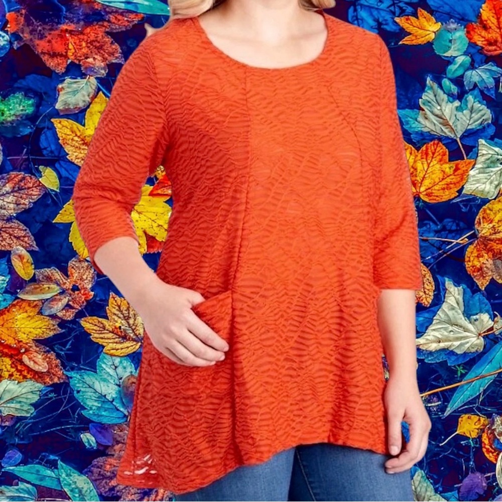 NWT Onque Casual Tunic Top Blouse 1X Textured Knit Pockets Orange 3/4 Sleeve